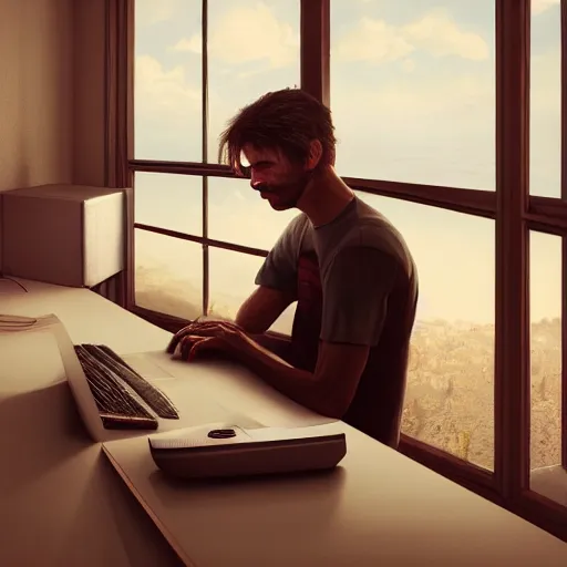 Prompt: a tired red - eyed man working on his computer, realistic, 8 k, extremely detailed, cgi, trending on artstation, hyper - realistic render, by greg rutkowski