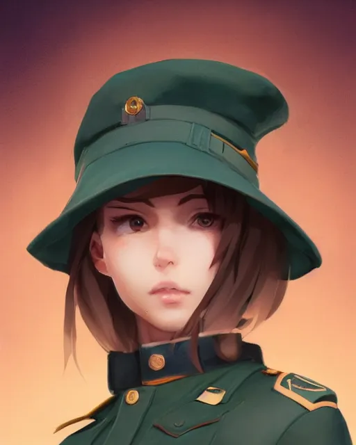 Image similar to young woman with shoulder length light brown hair and hazel eyes dressed in a sharp dark teal military uniform and beret, anime, ilya kuvshinov, greg rutkowski, guweiz, ross tran, loish, svetlana tigai, artgerm, artstation trending, concept art, digital painting