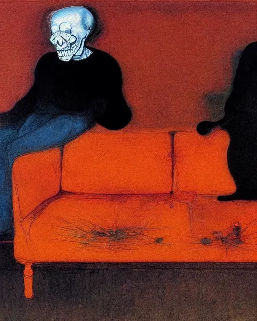 Prompt: an old dead couple sitting on an old couch in an old apartment next to black dog, vibrant orange background, Francisco Goya painting, part by Beksiński and Edvard Munch. art by James Jean , Francis Bacon masterpiece