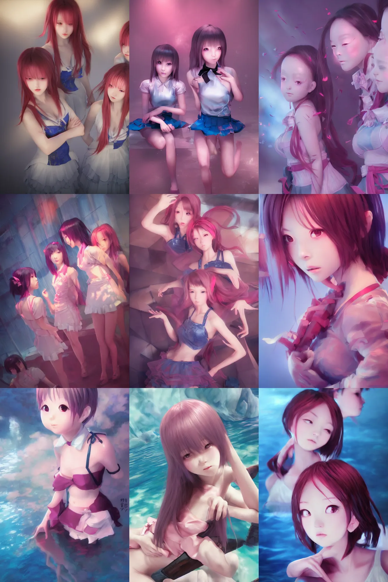 Image similar to 3d dark infrared octane render concept art by D. Jun, by Mo Xiang Tong Xiu, by Igarashi Daisuke, beauty portrait anime schoolgirls under dark pink and blue water. cute face. complex windows room. dramatic light, trending on artstation.