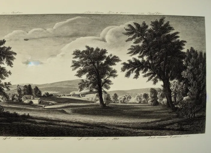 Image similar to a beautiful engraving print on paper of rural landscape with a farm