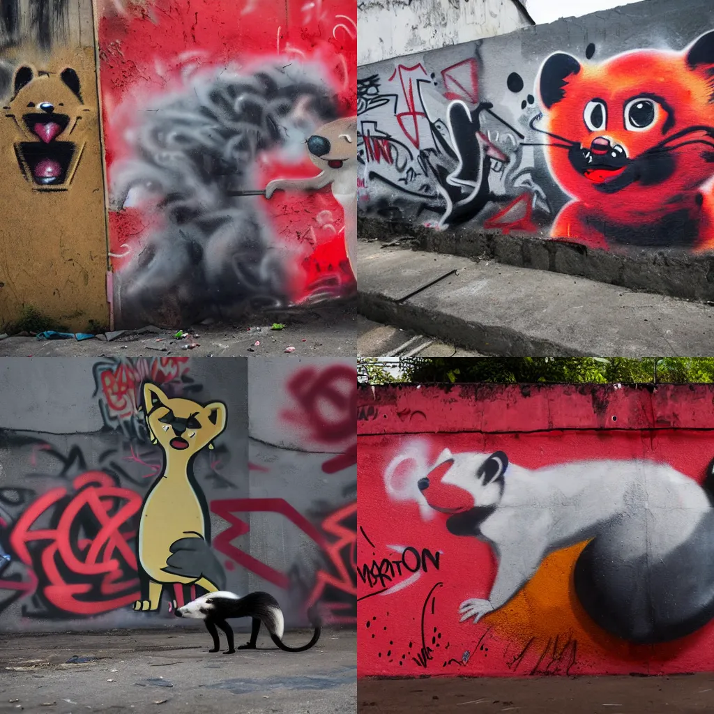 Prompt: photo ( far _ shot ), subject [ furry _ fandom _ fursona ( red - black, anthropomorphic, weasel - ferret - stoat ) ], background ( smoke, concrete ), medium [ graffiti ( spray _ paint ) ], location ( favela _ wall )