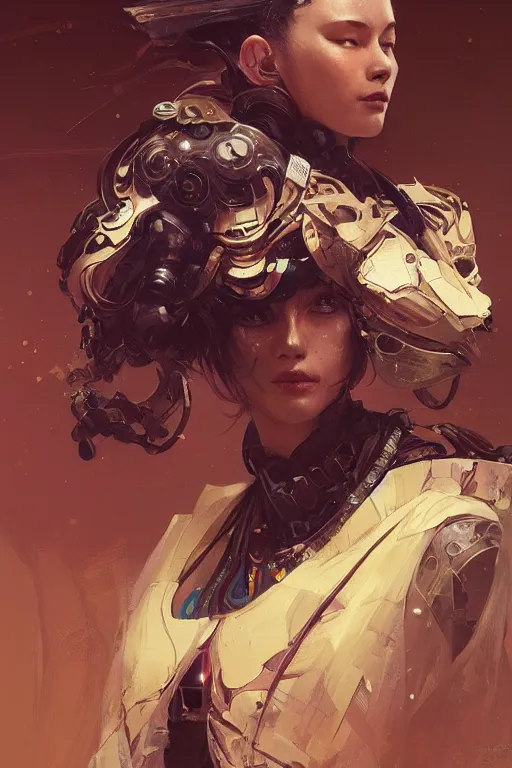 Image similar to A full portrait of a powerful beautiful futuristic dystopian junktown Japanese techromancer sorcerer enchanter, intricate, elegant, highly detailed, digital painting, artstation, concept art, smooth, sharp focus, illustration, art by Krenz Cushart and Artem Demura and alphonse mucha