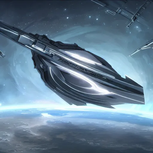 Image similar to concept art of a large space vessel in the shape of an spear flying through the space, scifi, beautiful ilumination, artstation hq