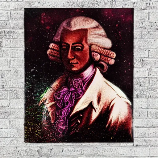 Prompt: portrait of amadeus mozart, in 8 0 s synthwave style, dreamwave, darksynth, and scifiwave, 1 9 9 0 s splatter art high quality