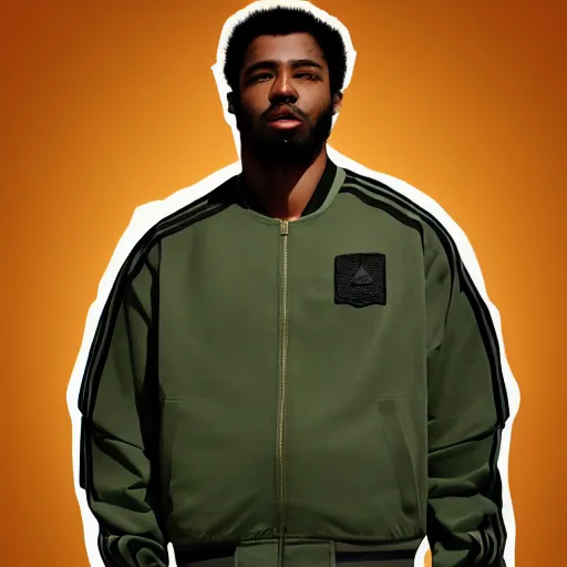 Prompt: low polygon render of a black man with afro hair and raspy bear stubble, wearing an army green adidas jacket, high quality, minimalist