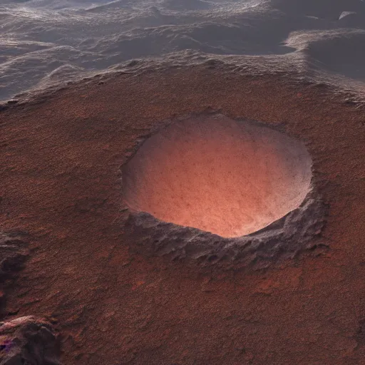 Prompt: octane render, texture, top down of a crater on the planet, cinematic lighting, hyperrealistic