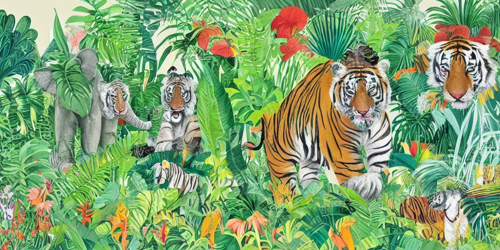 Image similar to detailed illustration, a lush tropical jungle in the style of may gibbs, tiger, elephant, 🐅, 🐘, layered composition, layers, texture, textured, layered, sculpted, dynamic, jungle, tropical, 🌱, 🦋,