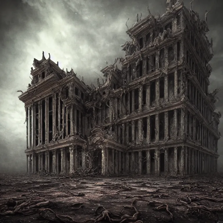 Image similar to ribbed abandoned giant building, baroque painting, standing in a desolate empty wasteland, creepy, nightmare, dream-like heavy atmosphere, surreal abandoned buildings, beautiful detailed intricate insanely detailed octane render trending on Artstation, 8K artistic photography, photorealistic, chiaroscuro, Raphael, Caravaggio, Beksinski, Giger