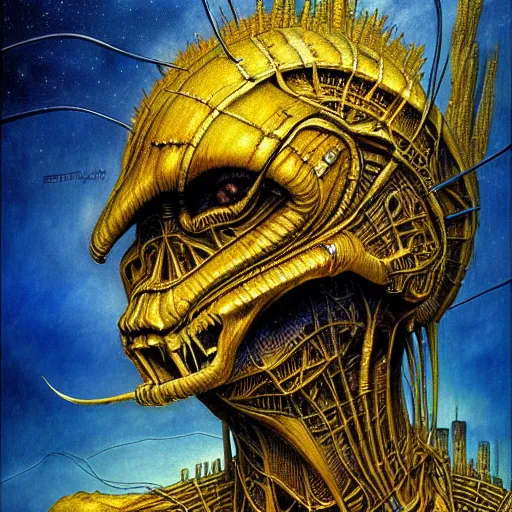 Image similar to sci - fi demon, atmospheric lighting, painted, intricate, golden and blue hour, ultra detailed by peter gric, giger, enki bilal
