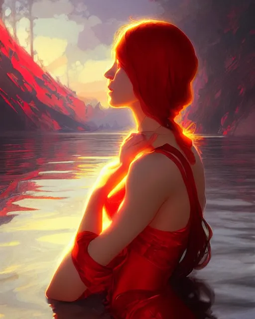 Prompt: emily rajtkowski, lake, red, flames everywhere, highly detailed, digital painting, artstation, concept art, smooth, sharp focus, illustration, art by artgerm and greg rutkowski and alphonse mucha