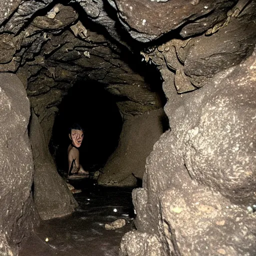 Image similar to photo inside a cavern of a wet reptilian humanoid rapper partially hidden behind a rock, with black eyes, open mouth and big teeth