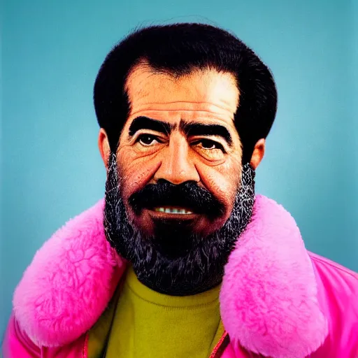 Image similar to professional portrait of saddam hussein wearing a pink puffy jacket and a bucket hat, rainbow background, 8 k, very detailed, very intricate,