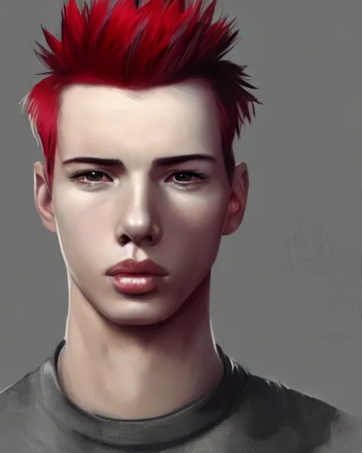Prompt: young man with a short red mohawk, slim face, piercings, dressed in crustpunk clothing, headshot, attractive, handsome, model, trending on artstation, high quality art, character design, realism art, award winning art, clean face, by mandy jurgens, in color, no makeup, no tattoos, no facial hair