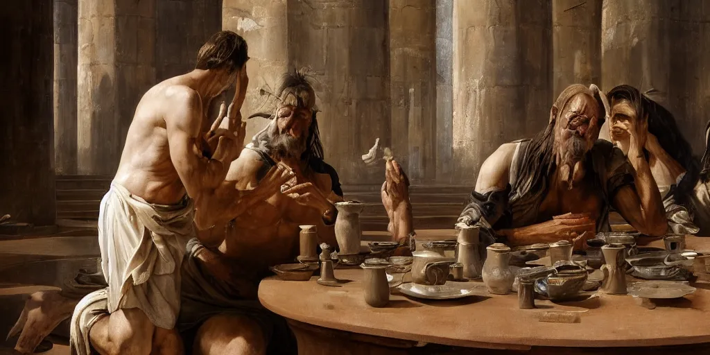 Prompt: Pot of Duality in Solomon's Temple and Gödel's Incompleteness Theorem deconstructing life itself, by Micheal Whelan and Eugène Delacroix and Francis Bacon and Hieronymus Boch, artistic, sweat and labour, realistic fantasy, beautiful faces aesthetic, establishing shot, 8k resolution, dramatic lighting