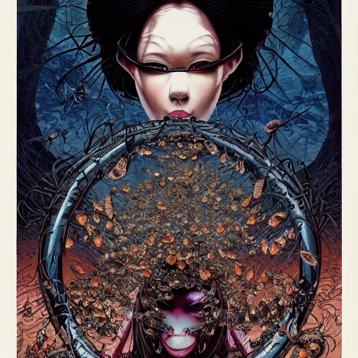 Prompt: portrait of crazy dark girl with insects, symmetrical, by yoichi hatakenaka, masamune shirow, josan gonzales and dan mumford, ayami kojima, takato yamamoto, barclay shaw, karol bak, yukito kishiro