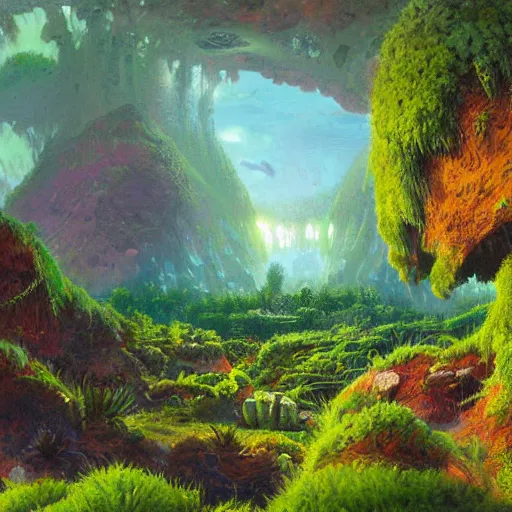 Prompt: digital art of a lush natural scene on an alien planet by paul lehr. extremely detailed. high quality render. beautiful landscape. weird vegetation. cliffs and water.