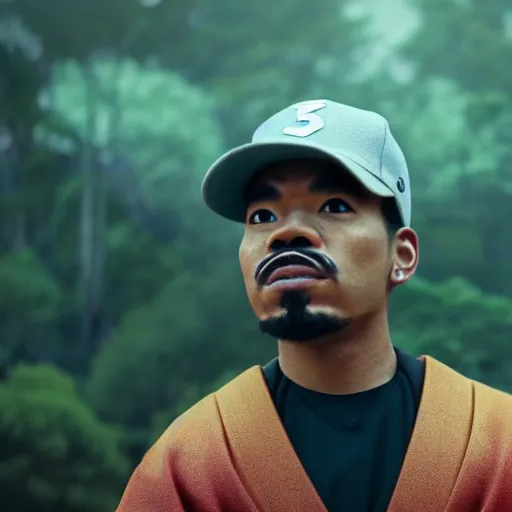 Prompt: cinematic film still of Chance The Rapper starring as a Samurai holding fire, Japanese CGI, VFX, 2022, 40mm lens, shallow depth of field, film photography