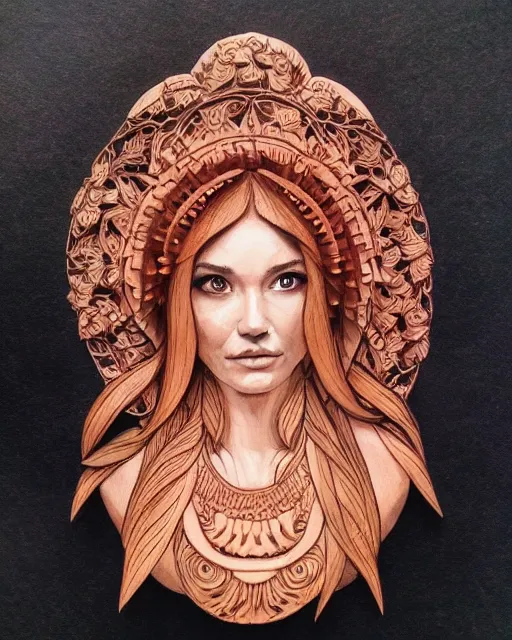 Prompt: watercolor portrait of a nature priestess, carved mahogany floral explosion, intricate carvings, artgerm, artstation