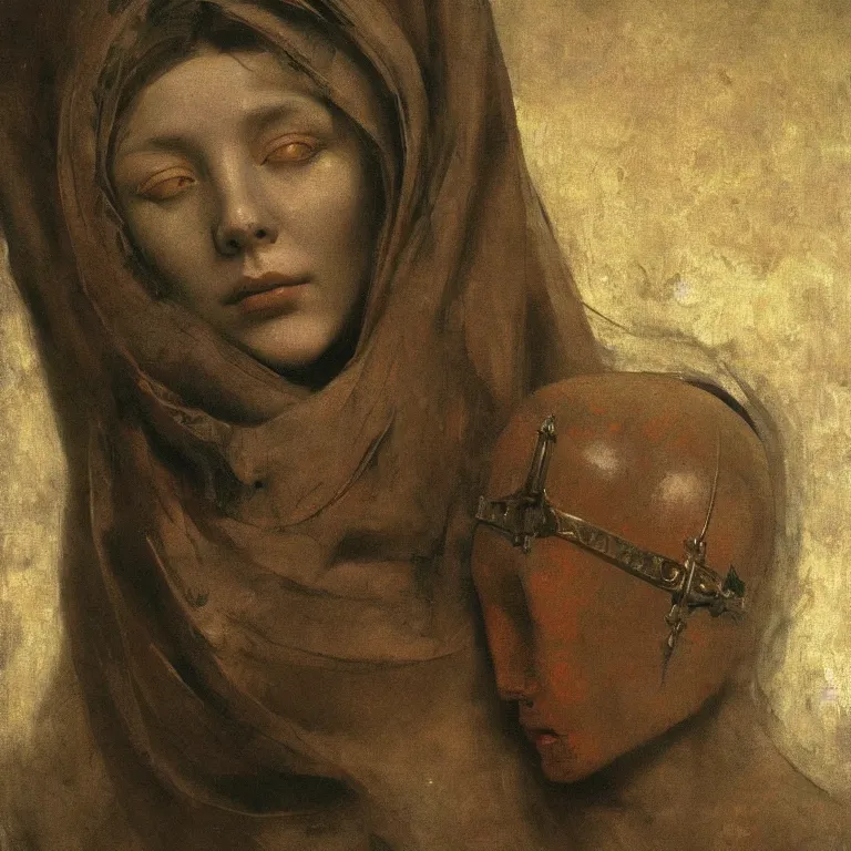 Prompt: The waist-high portrait of beautiful woman with closed eyes in steel full-face occult mask by Ilya Repin, William Blake, Michelangelo da Caravaggio and Beksinski, highly detailed oil painting, trending by artstation, fantasy character, 4k, masterpiece