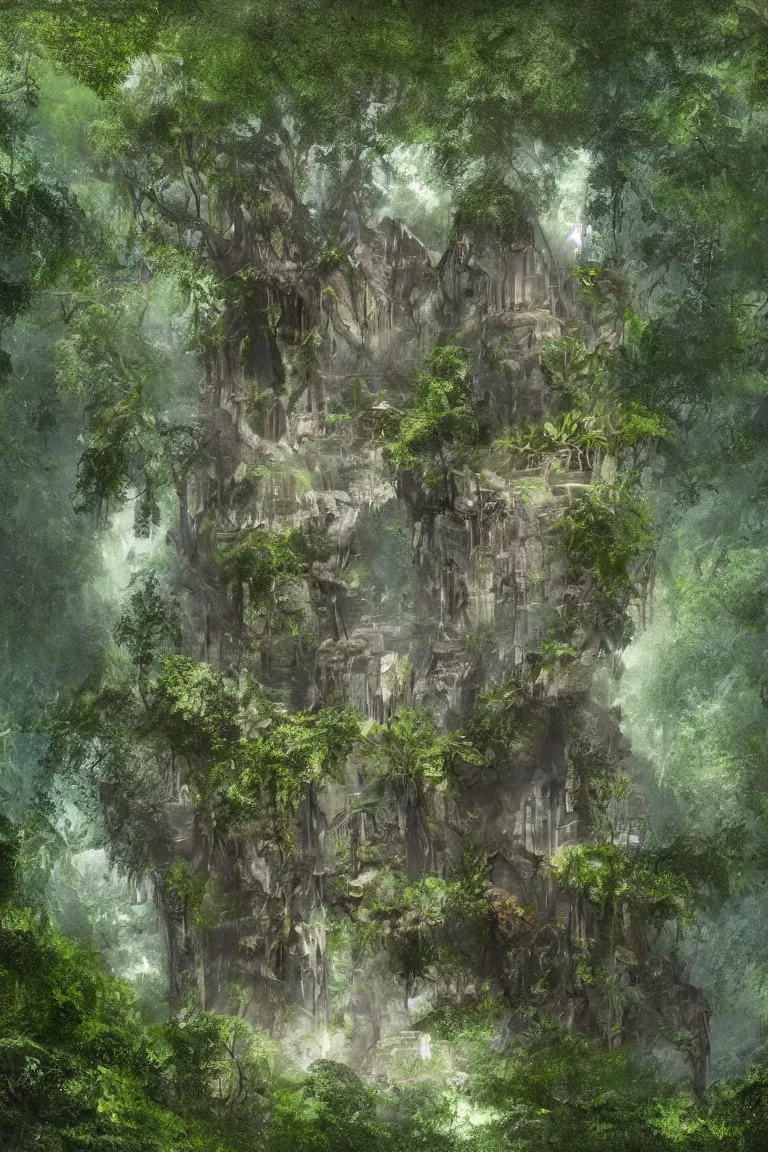 Image similar to a victorian mansion carved into a huge tree beside a waterfall in a dense jungle, concept art