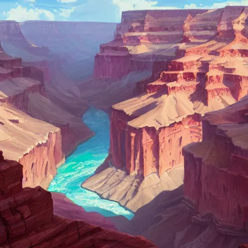 Image similar to concept art painting of a grand canyon filled with water, realistic, detailed, cel shaded, in the style of makoto shinkai and greg rutkowski and james gurney