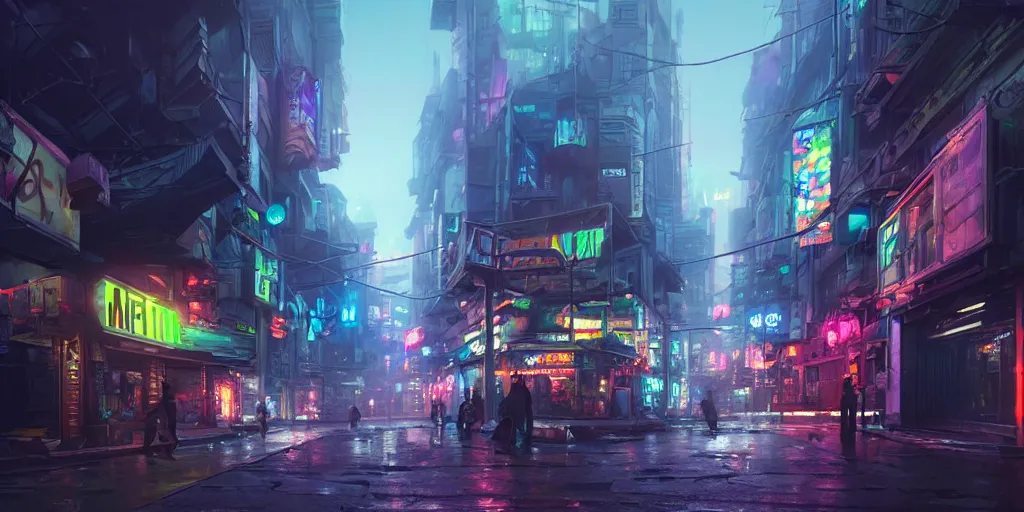 Prompt: Wide angle shot of a matte painting environment design of future city alley with neon lights and advertisements, artstation, ultra realistic, volumetric lighting, 8k, unreal engine, octane render, art by Artgerm and Greg Rutkowski and Alphonse Mucha and Yoji Shinkawa