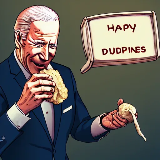 Prompt: happy biden eats dumplings, concept art, trending on artstation, highly detailed, intricate, sharp focus, digital art, 8 k