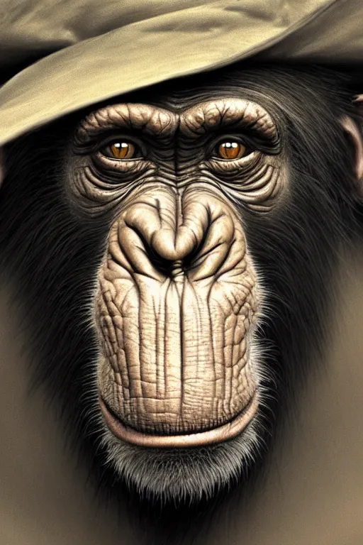 Image similar to portrait of an old chimpanzee wearing a elegant hat, intricate wrinkles, dystopian, sci-fi, evening light, extremely detailed, hands, digital painting, sculpted in zbrush, artstation, concept art, smooth, sharp focus, illustration, chiaroscuro lighting, golden ratio, incredible art by Stanley Artgerm Lau and Greg Rutkowski, composition by Alphonse Mucha and Simon Stalenhag