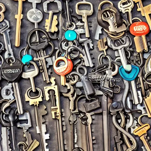 Prompt: heap of many keys of different sizes and styles, unsorted product photo