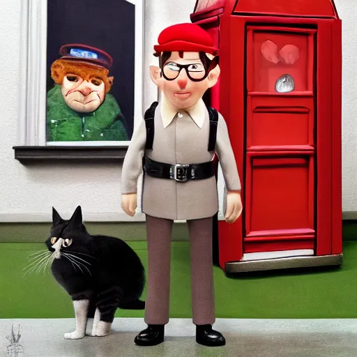 Prompt: postman pat visits a gallery with his cat jess, red van, white gallery, contemporary art, photorealistic