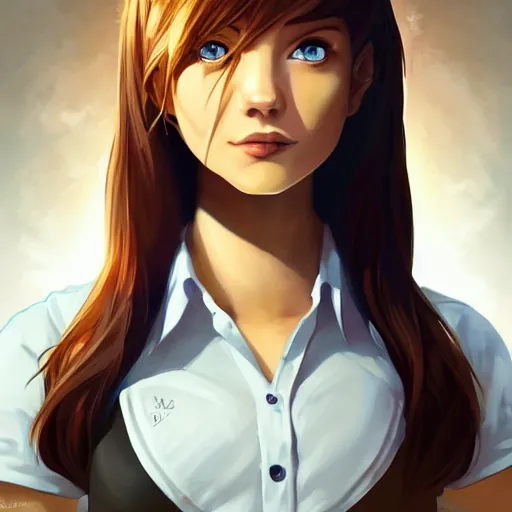 Image similar to epic portrait an beautiful waitress in a white uniform and short sleeves carriyng coffee, front facing symmetrical centered painted portrait, just one head, Elisha Cuthbert as a D&D Paladin, RPG character avatar, Blizzard concept art, pixar, dreamworks, global illumination lighting, trending on artstation, by lois van baarle, ilya kuvshinov, rossdraws