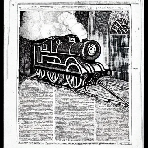 Image similar to 1 7 0 0 s newspaper etching of thomas the tank engine crashing into grand central station