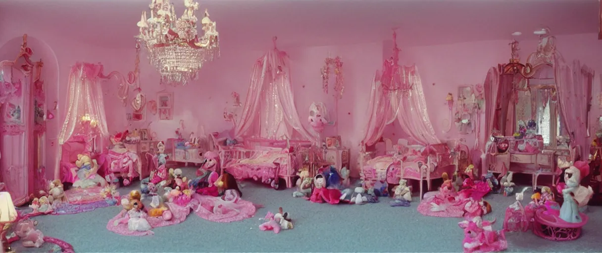 Image similar to movie still 4 k uhd 3 5 mm film color photograph of an princess room full of toys and dolls