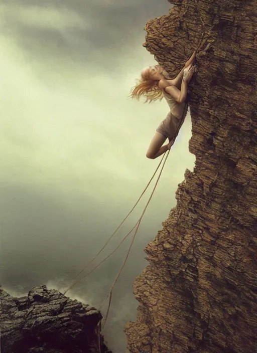 Image similar to action shot of Nicole Kidman hanging from a cliff face, Les Edwards, Zdzislaw Beksinski, Carl Gustav Carus, John Harris, Michal Karcz, Zhang Kechun, Mikko Lagerstedt, Scott Listfield, Steven Outram, Jessica Rossier