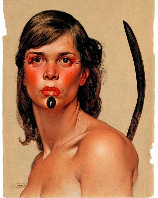 Prompt: frontal portrait of a savage muscular barbarian female, by norman rockwell