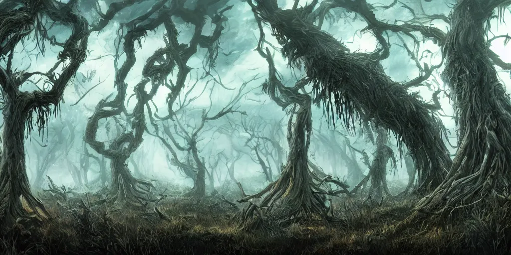 Prompt: dead forest of windswept windswept windswept trees (no soil), high quality fantasy art, 4k