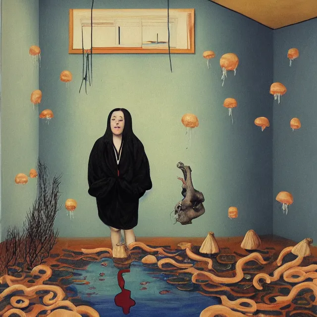 Image similar to tall female emo artist holding a pig in her flooded bathroom, mushrooms, octopus, water gushing from ceiling, painting of flood waters inside an artist's bathroom, a river flooding indoors, pomegranates, pigs, ikebana, zen, river, rapids, waterfall, black swans, canoe, berries, acrylic on canvas, surrealist, by magritte and monet