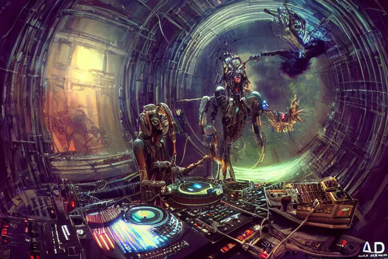 Prompt: a fisheye lens photo of a post apocalyptic tribal cyborg dj god tweaking and playing synthesizers in the most complicated and technical spiral fractal musical studio, powerful, cinematic, beautifully lit, by donato giancola, by artgerm, by karol bak, 3 d, perfect face and body, trending on artstation, octane render, 8 k