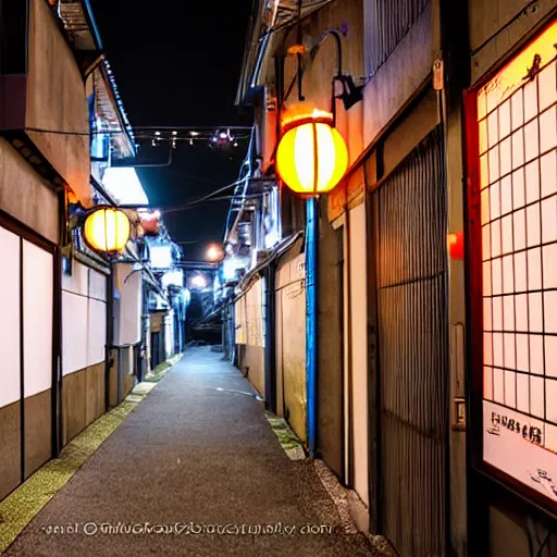 Prompt: Japanese alleyway at night, with a vending machine and powerlines hanging above. Professional quality photograph