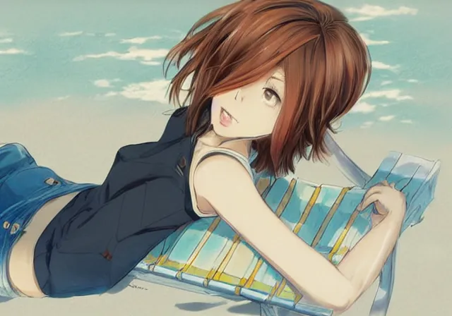 Image similar to A girl with short brown hair, wearing a white blouse, laying on a beach chair, drawn by WLOP, by Avetetsuya Studios, attractive character, colored sketch anime manga panel, trending on Artstation