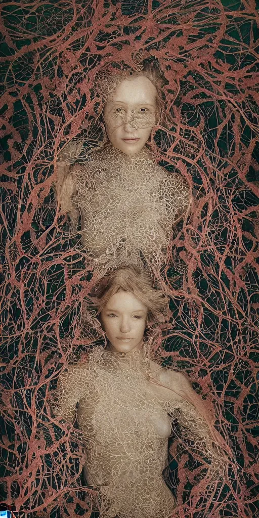 Image similar to a woman entwined in a coral reef, made of intricate decorative lace leaf skeleton, in the style of the dutch masters and gregory crewdson, dark and moody