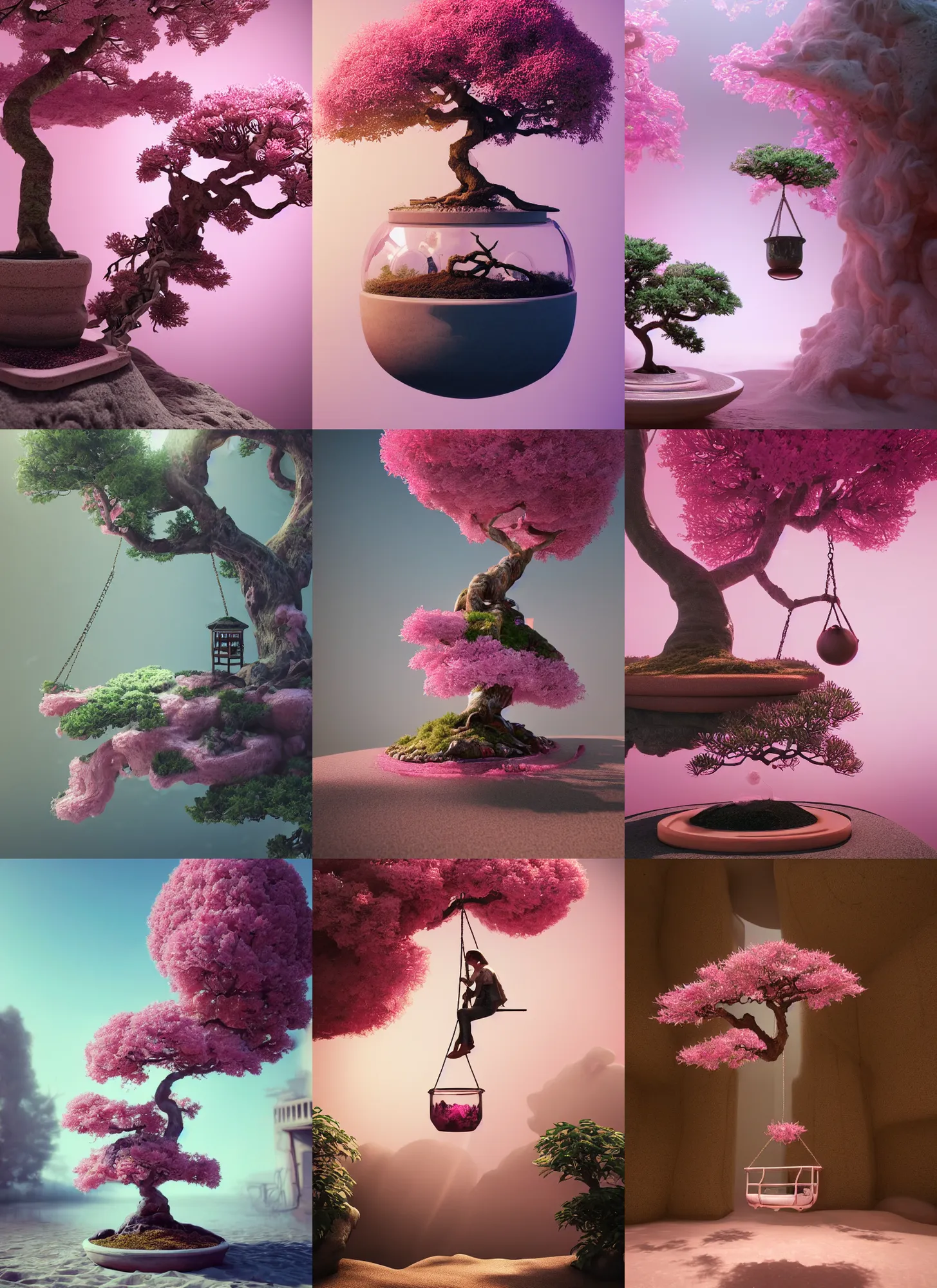 Prompt: swinging on a pink bonsai tree, swing inside a glass jar buried in sand, intricate detail, volumetric lighting, epic composition, hyper detailed, ultra realistic, sharp focus, octane render, volumetric, ray tracing, artstation trending, cgsociety, sense of awe, swirling mist, 4 k