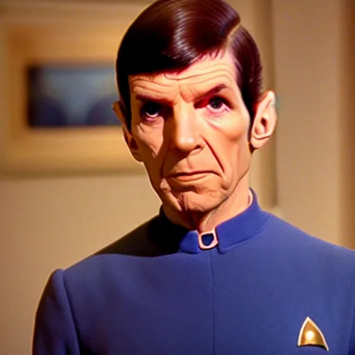 Prompt: photo of mr spock blue uniform exiting the tardis