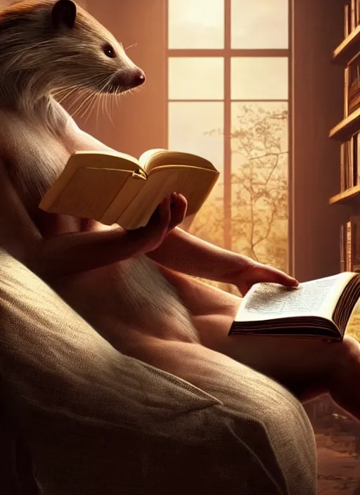 Prompt: A beautiful scene from a 2022 fantasy film featuring a humanoid polecat wearing loose white clothing reading an ancient tome on a couch. An anthropomorphic polecat. Golden hour.