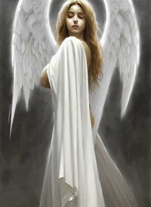 Image similar to angel in white robes. realistic shaded lighting poster by greg rutkowski, magali villeneuve, artgerm, jeremy lipkin and michael garmash, rob rey and kentaro miura style, trending on art station