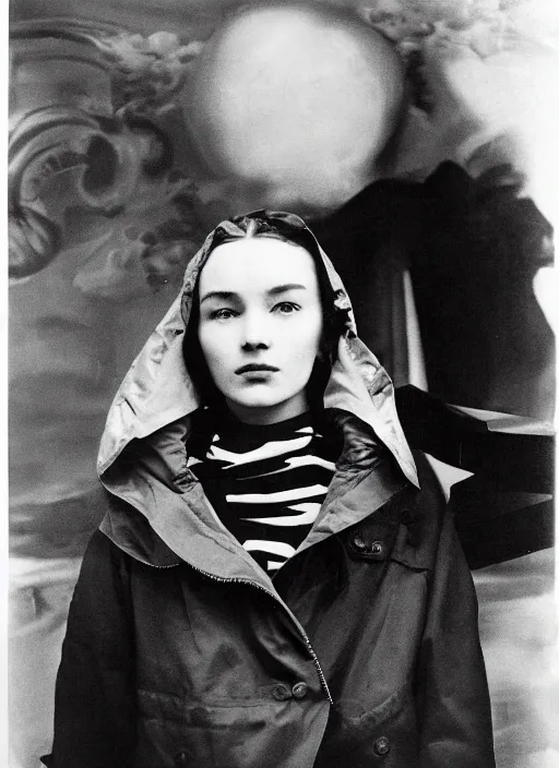 Prompt: portrait of a beautiful girl wearing an anorak designed by balenciaga russian comunist propaganda 1 9 4 0