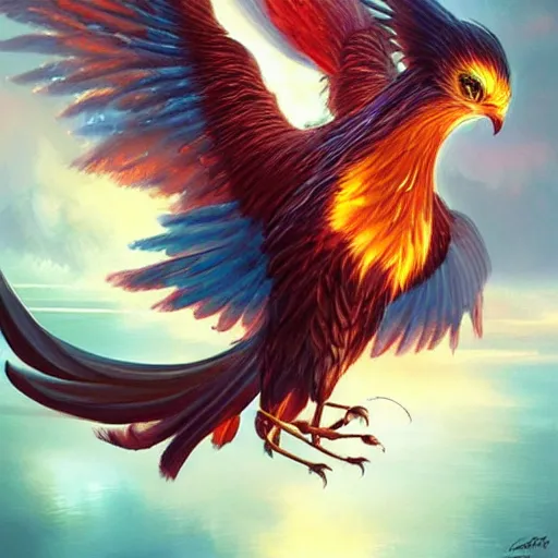 Image similar to cute flying phoenix, sparkling bird eyes, embers in her bird eyes, shining phoenix eyes, sharp features, flowing fiery feathers, highly detailed, digital painting, artstation, concept art, smooth, sharp focus, beautiful feathers, expressive eyes, illustration, phoenix art by Artgerm and greg rutkowski