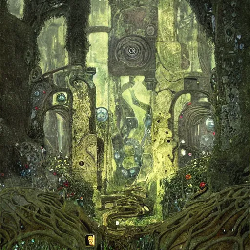 Image similar to ancient overgrown! ruins, medieval gates, runestones, mysetrious etherial mesmerizing runic!!, eyes, magical elven geometry, concept art by gustav klimt!, deviantart contest winner, environmental art, high detail, resembling the ace of swords tarot card by greg rutkowski