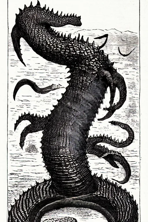 Prompt: ogopogo monster, as a demon from the dictionarre infernal, pen - and - ink illustration, etching by louis le breton, 1 8 6 9, 1 2 0 0 dpi scan, ultrasharp detail, hq scan, intricate details, stylized border